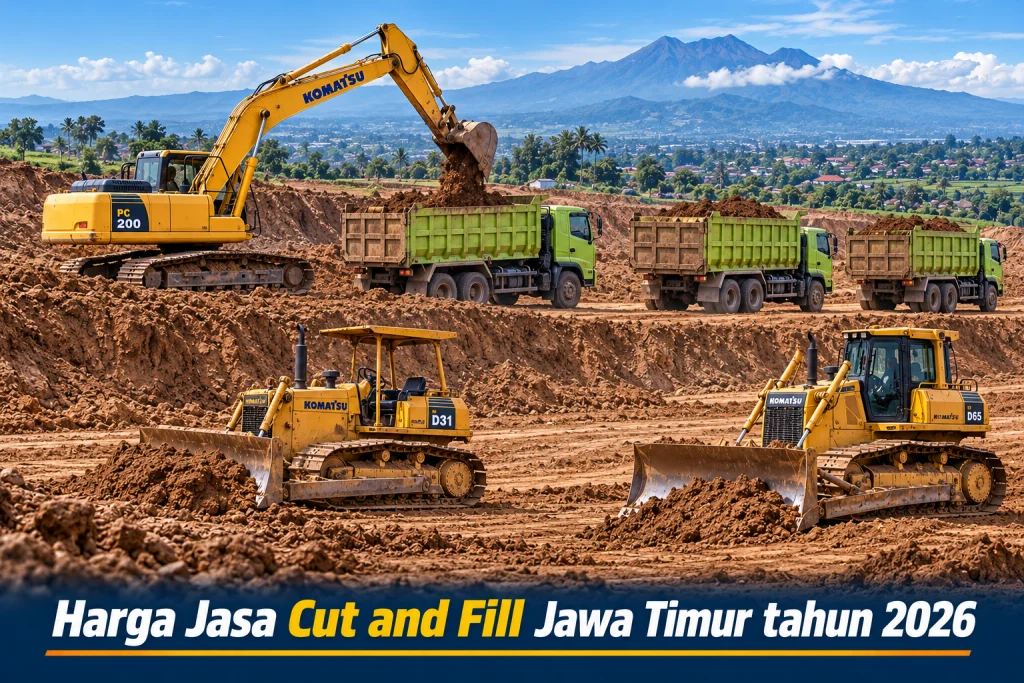 Jasa cut and fill menggunakan excavator dan bulldozer untuk pematangan lahan di Jawa Timur tahun 2026