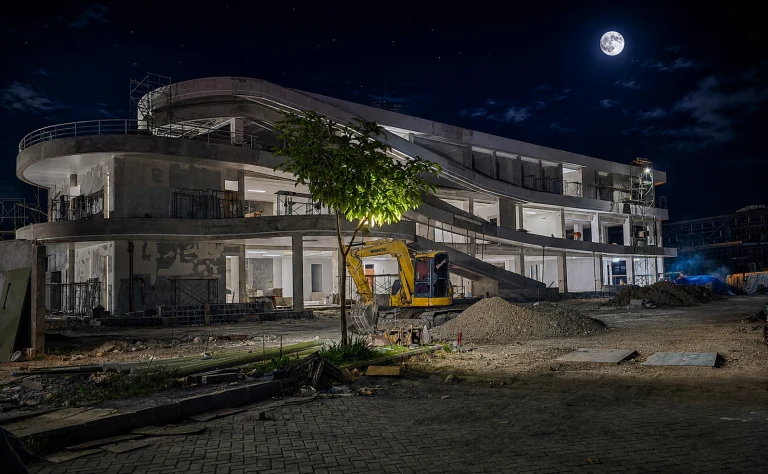 Excavator PC75 Support Pembangunan Gedung di Bunder Gresik, Excavator Lembuh Tengah Malam