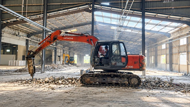 Excavator Breaker PC100 Pekerjaan Bobok Lantai Beton Untuk Saluran di Kawasan Indsutri PIER Rembang, Pasuruan